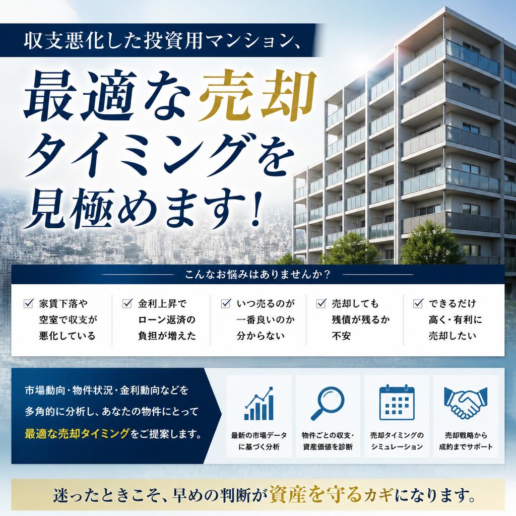 収支悪化した投資用マンション、最適な売却タイミングを見極めます！